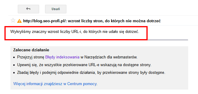 Błędy indeksowania - komunikat w Narzedziach Google dla Webmasterów