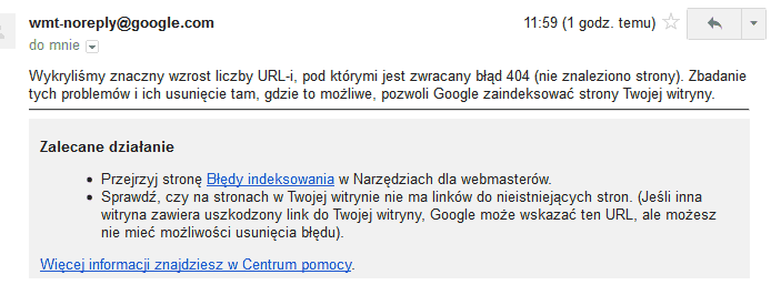 Komunikat o wystąpienie problemów z indeksowaniem - 404 - Narzędzia Google dla Webmasterów