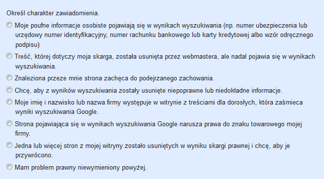 Żądanie usunięcia strony z Google - powody