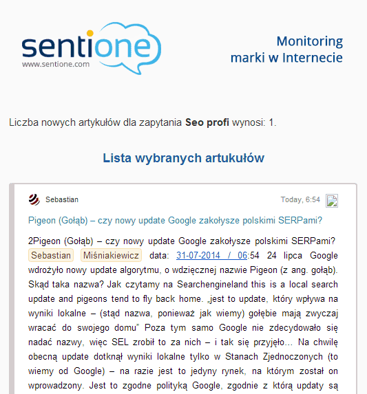 Sentione - powiadomienie o znalezienie mojego wpisu