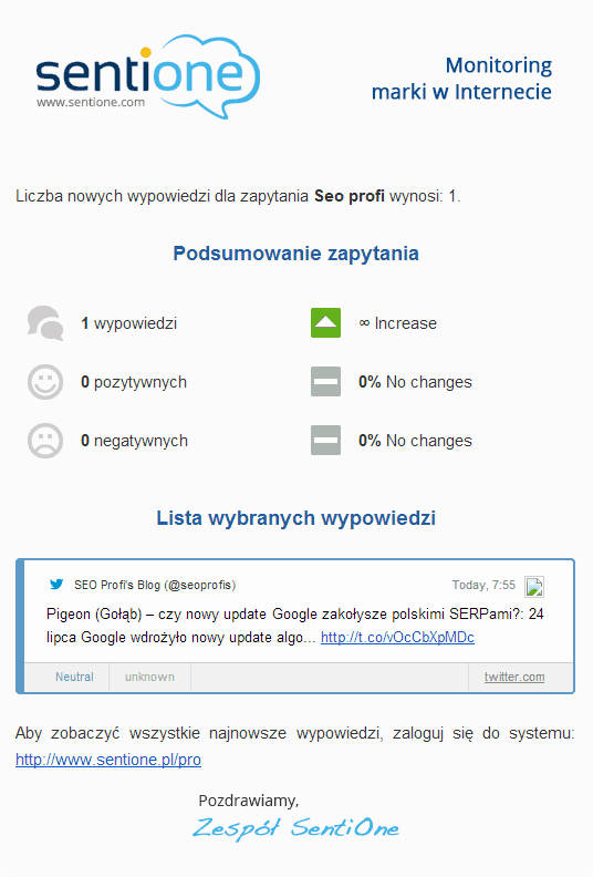 Sentione - powiadomienie o wzmiance na Twitterze