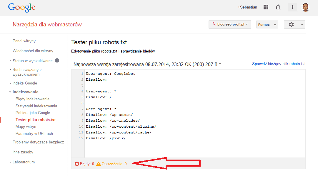 tester pliku robots.txt w Narzędziach dla Webmasterów - przykładowy wynik testu