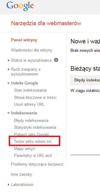 tester pliku robots.txt w Narzędziach Google dla Webmasterów