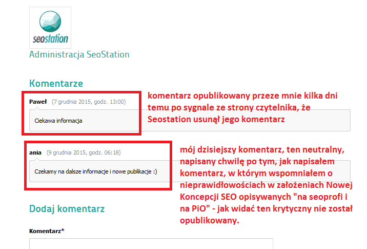 Seostation nie publikuje niewygodnych dla siebie komentarzy