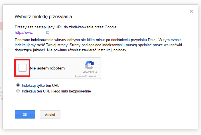 Search Console - pobierz jako Google - Captcha