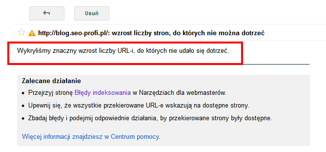 Błędy indeksowania - komunikat z Narzędzi Google dla Webmasterów
