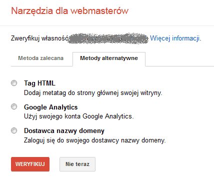 Weryfikacja wśasnosci domeny w Narzędziach Google dla Webmasterów - metody